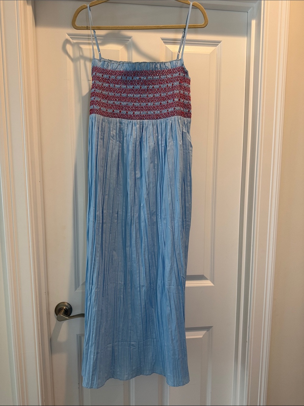 J. Crew Light Blue Maxi Dress with Red Embroidered Smocked Bodice
